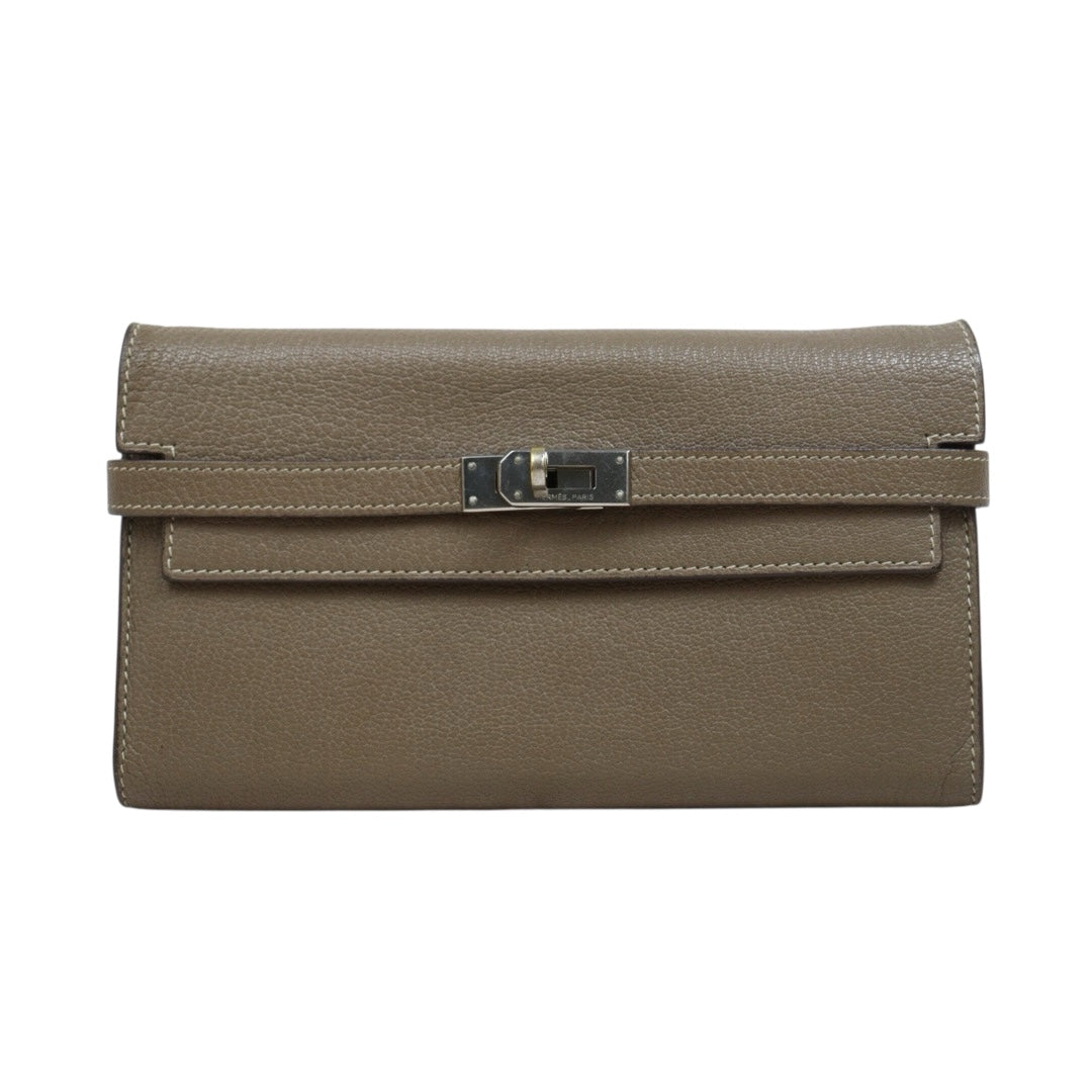 Include Entrupy Certificate of Authenticity｜Good ( Rank AB)｜ HERMES Goatskin Kelly Long Wallet Etoupe □O Stamp Made In 2011Year｜W26020601