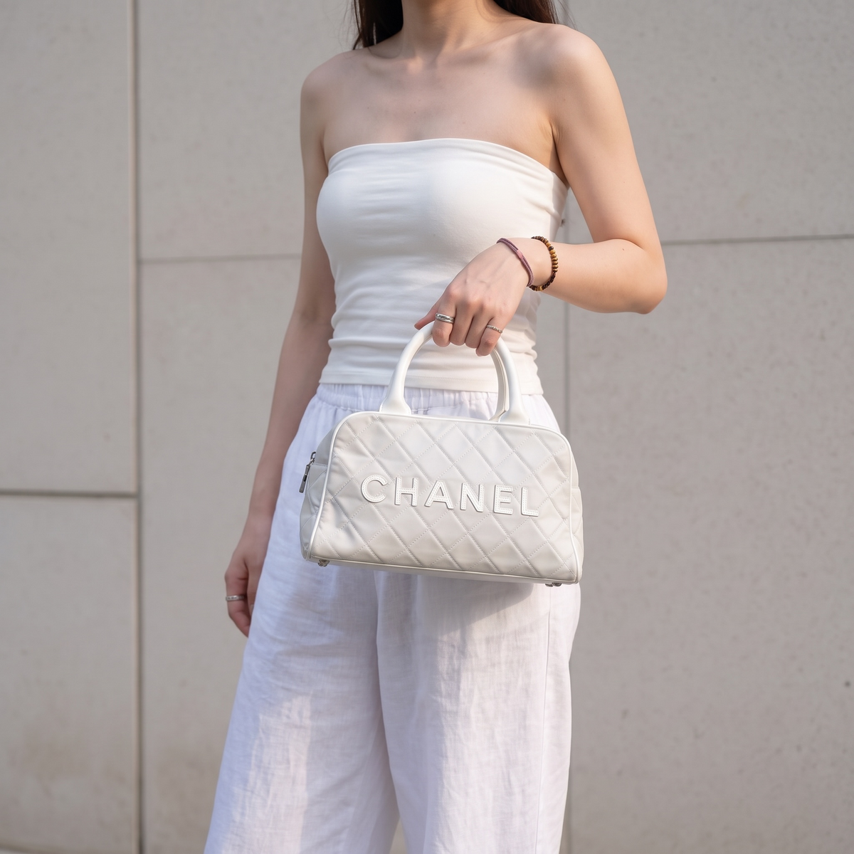 Include Entrupy Certificate of Authenticity｜Good ( Rank AB) ｜CHANEL Vintage Sports Line Quilted Canvas Bowling HanBag Made in 2000-2002 Year｜26082601