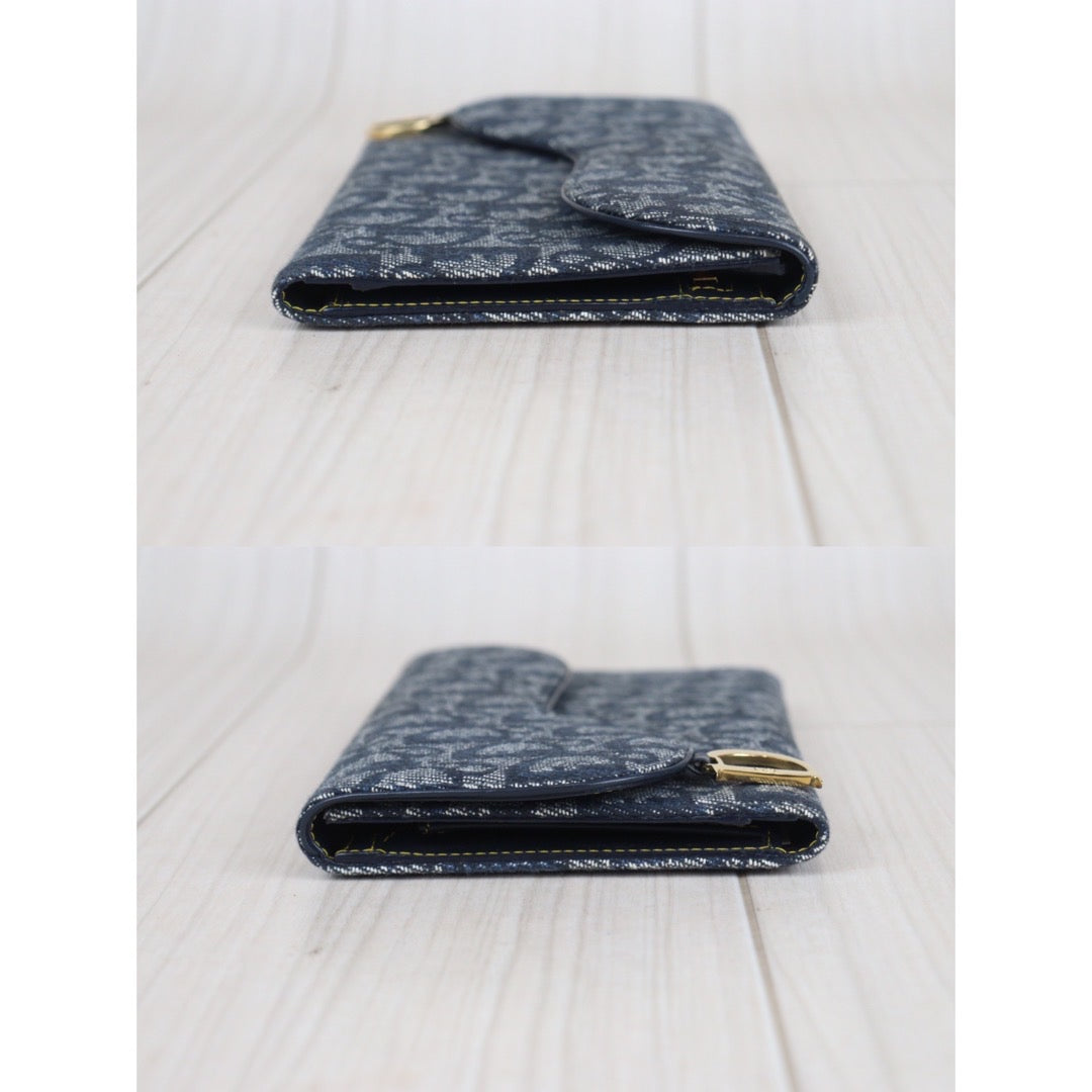 Rank A ｜ Dior Trotter Saddle Tri-fold Long Wallet Jacquard Leather Navy｜23080913