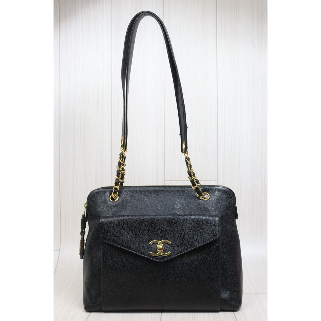 Include Entrupy Certificate of Authenticity｜Good ( Rank AB)｜ CHANEL Caviar Skin  Matrasse Chain Vintage Tote Shoulder Bag Black Made In 1994～1996Year｜S26052302