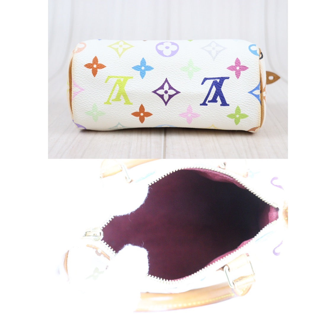 Rank AB ｜ LV Multi Monogram Mini Speedy White Handbag With Shoulderstrap｜23121914