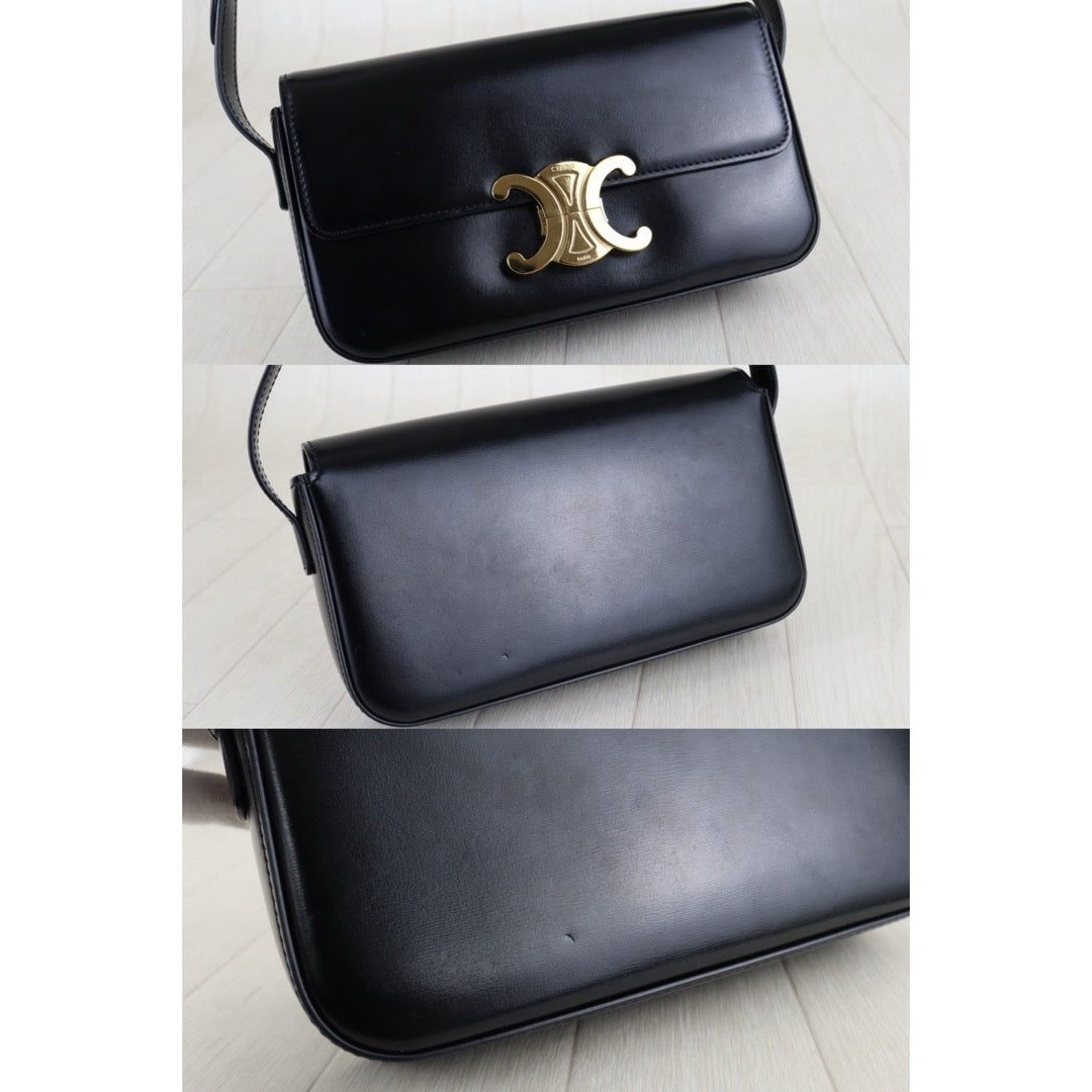 Good ( Rank AB) ｜CELINE Calf Leather Triomphe Black Shoulder Bag Golden Hardware｜S25121504