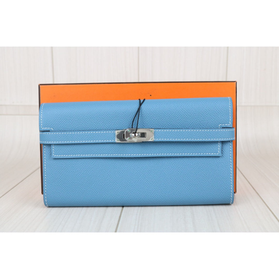 Include Entrupy Certificate of Authenticity｜Very Good ( Rank A)｜ HERMES Goatskin Kelly Long Wallet Etoupe □O Stamp Made In 2011Year Bleu Jean｜X26100708