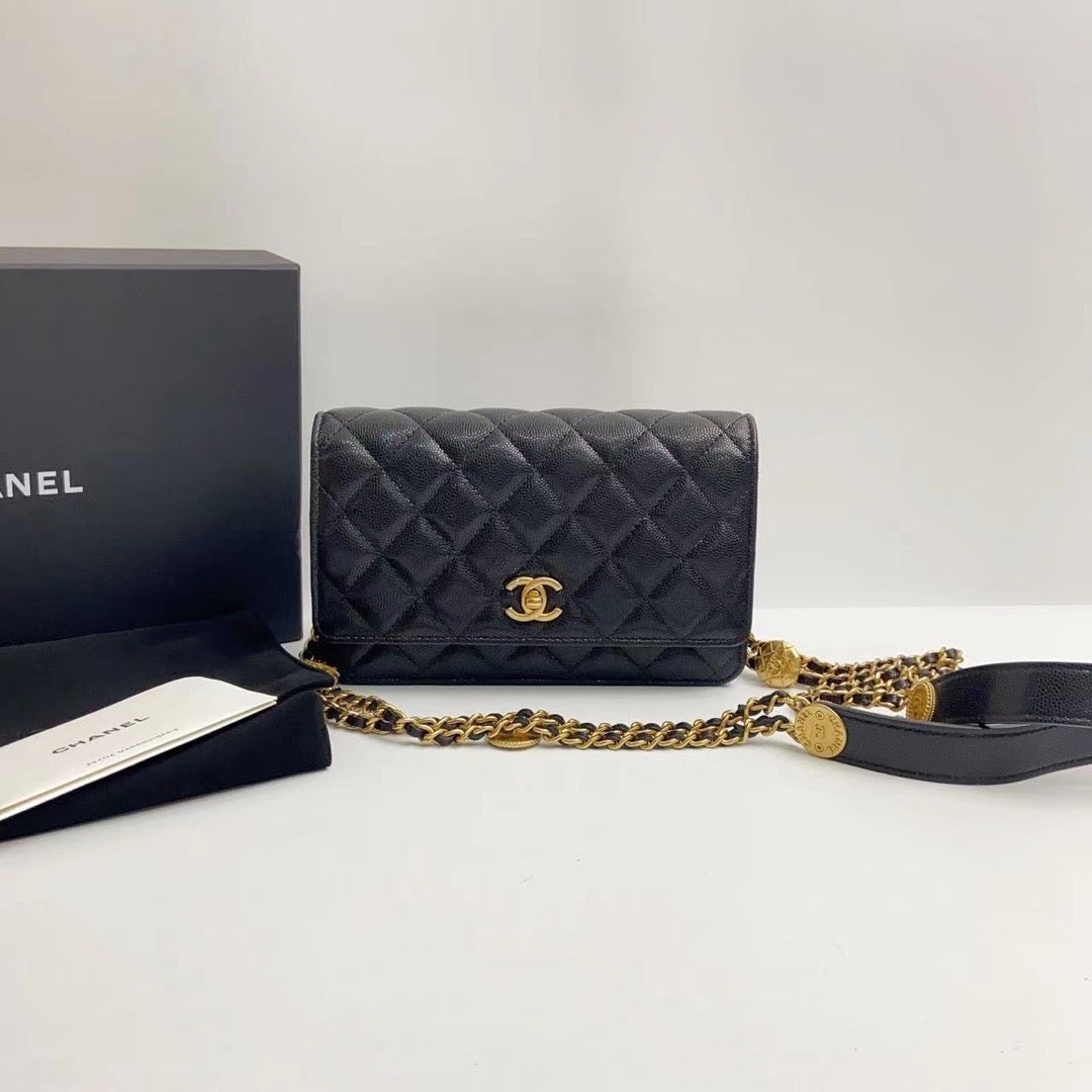 Rank A｜ CHANEL Matelasse Caviar Skin COCO Mark Coins Chain Wallet Black Gold Hardware ｜2302239