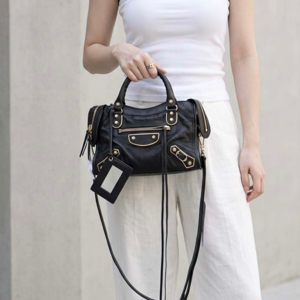 Include Entrupy Certificate of Authenticity｜Very Good ( Rank A)｜Balenciaga Chevre Leather Gaint Classic Metallic Edge City Mini Black HandBag Shoulder Bag ｜X26092111