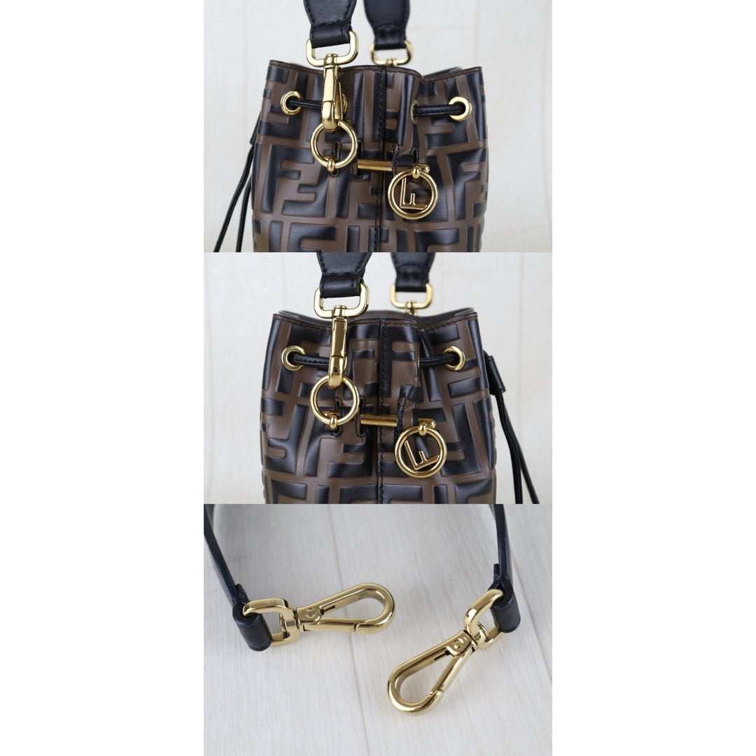 Include Entrupy Certificate of Authenticity｜Very Good ( Rank A)｜ FENDI Zucca Calf Leather Mini Mon Tresor Bucket bag Shoulder Bag Brown ｜S26081803