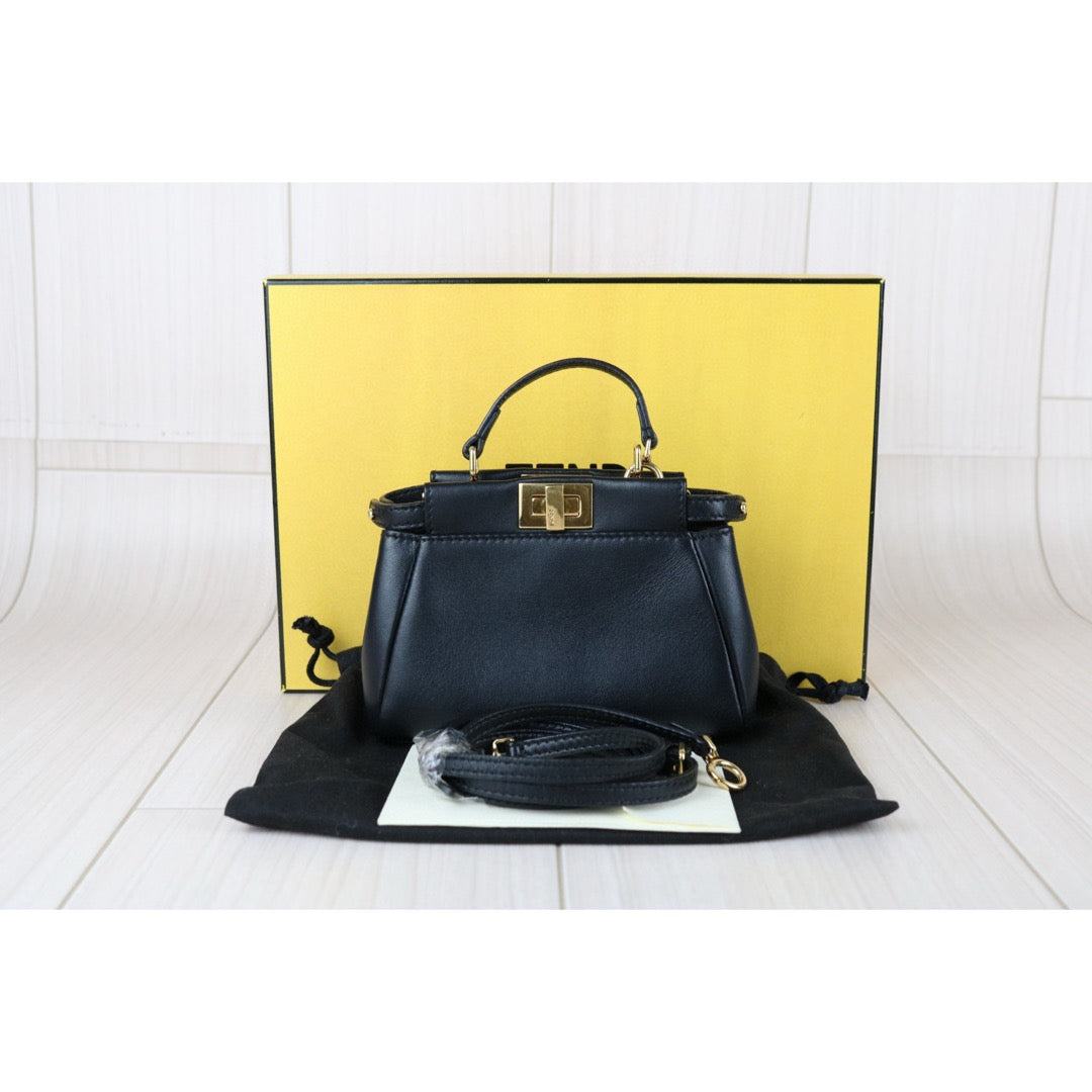 Excellent（Rank SA）｜ FENDI Lamb Skin Micro Mini Peeapoo Handbag With Shoulder Bag Black｜S25041803