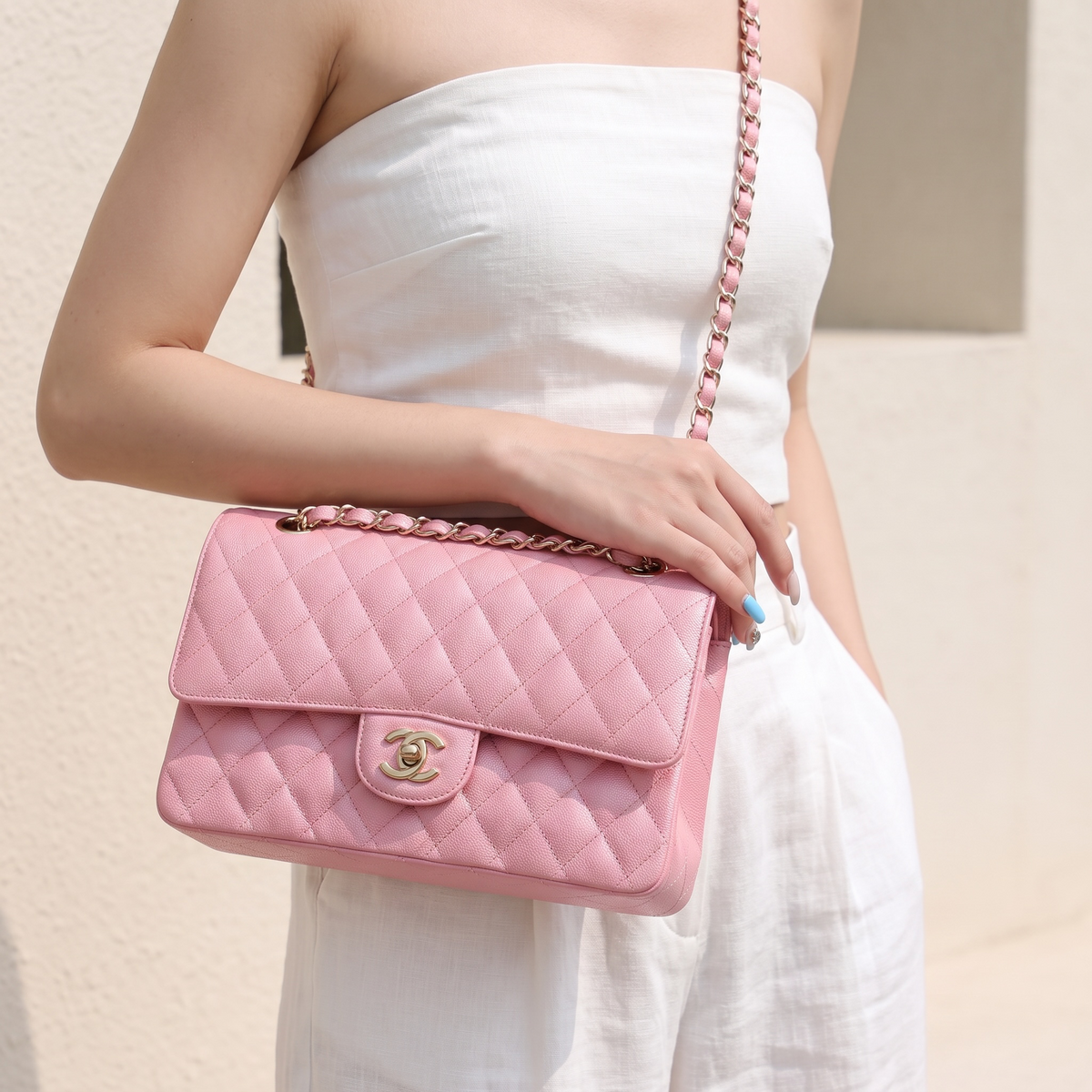Include Entrupy Certificate of Authenticity｜Excellent（Rank SA）｜ CHANEL Caviar Skin Calf Leather Chain Double Flap 25 Shoulder Bag  Light Pink Made In 2005-2006Year｜S26083006