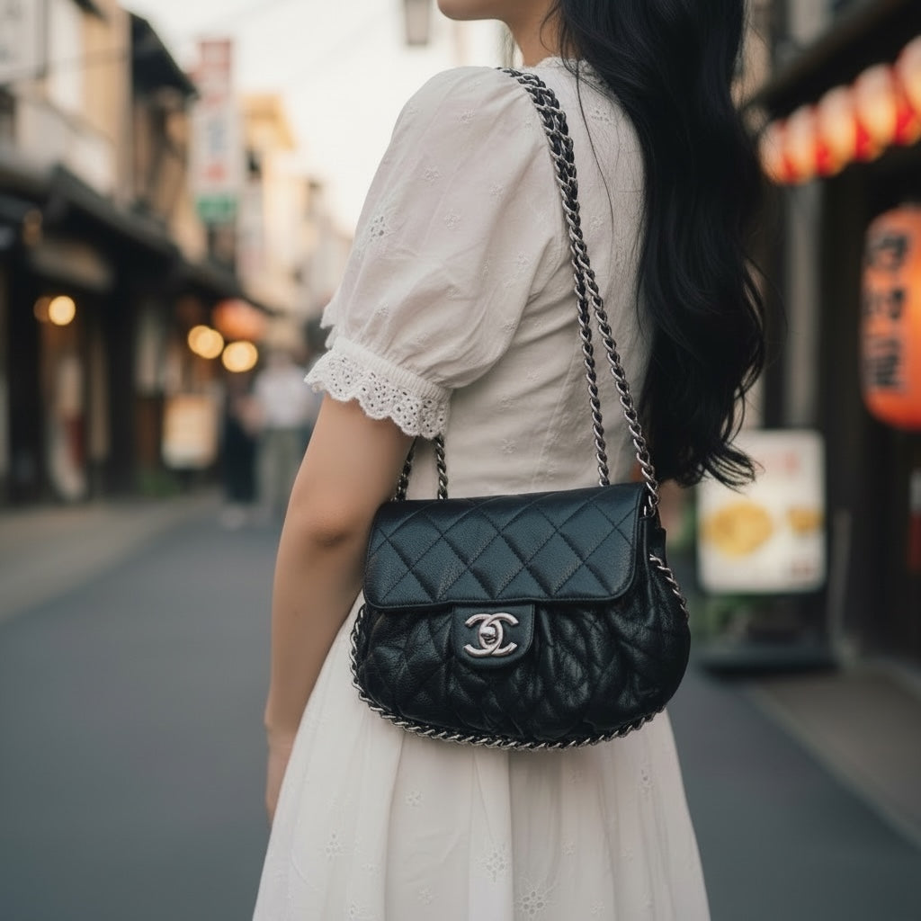 Include Entrupy Certificate of Authenticity｜Very Good ( Rank A)｜ CHANEL Calf Leather Chain Around Cloud Bag Shoulder Bag Black PM Made In 2013-2014Year｜S26031510