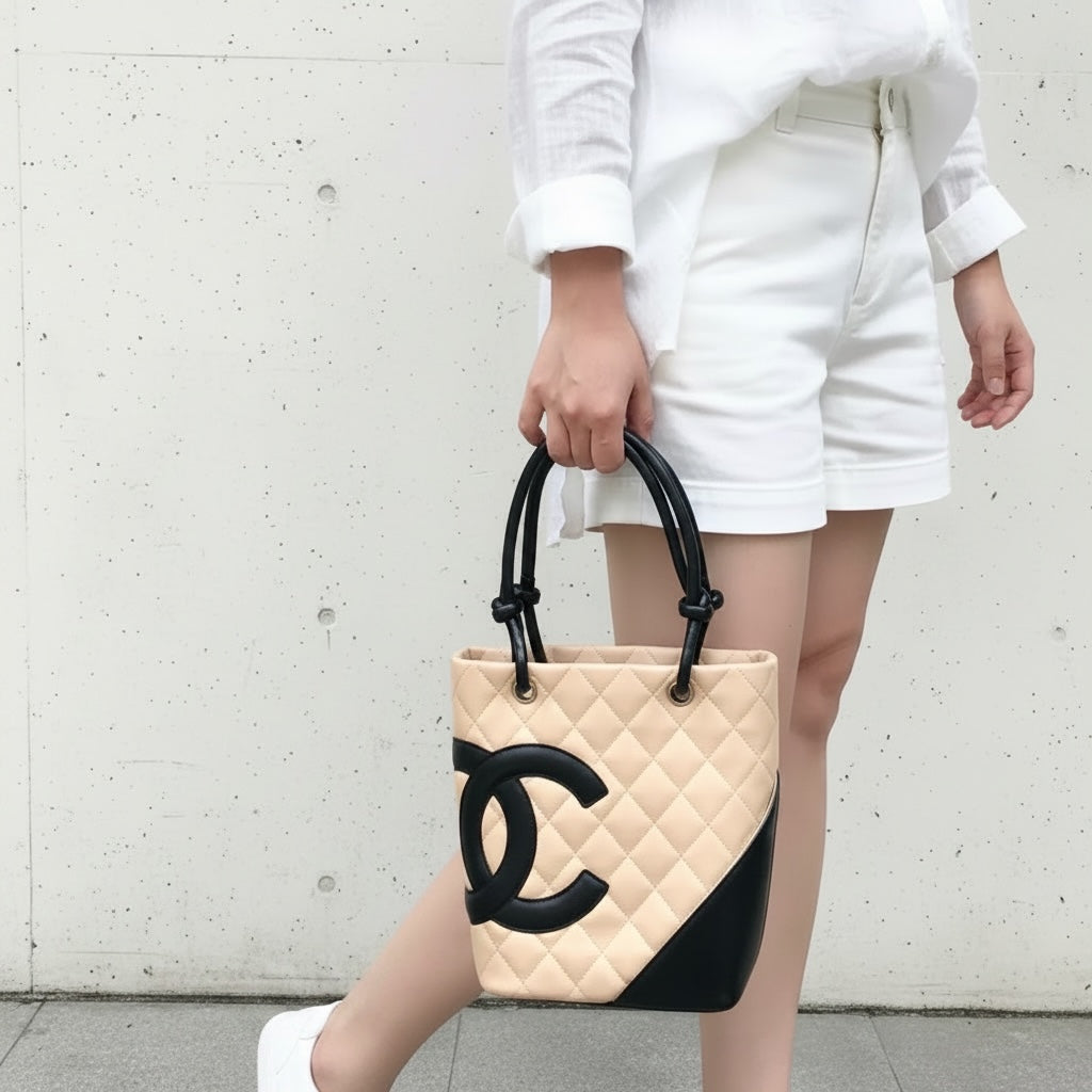 Include Entrupy Certificate of Authenticity｜Good ( Rank AB)｜ CHANEL Cambon Line Calf Leather Mini Tote Bag Beige Made In 2004-2005Year｜Y26051522