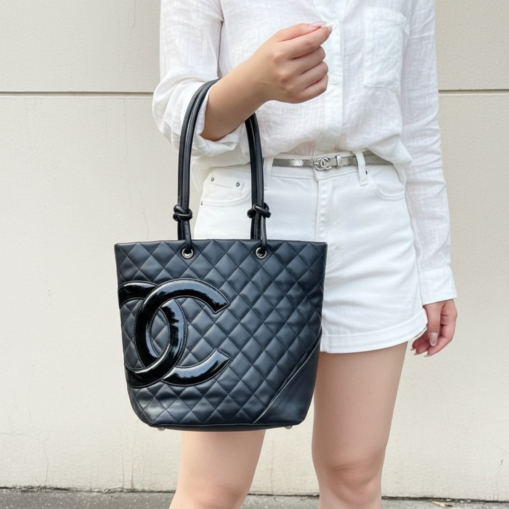 Include Entrupy Certificate of Authenticity｜Good ( Rank AB)｜ CHANEL Cambon Line Calf Leather  So Black ToteBag  Made In 2009-2010Year｜Y26051523