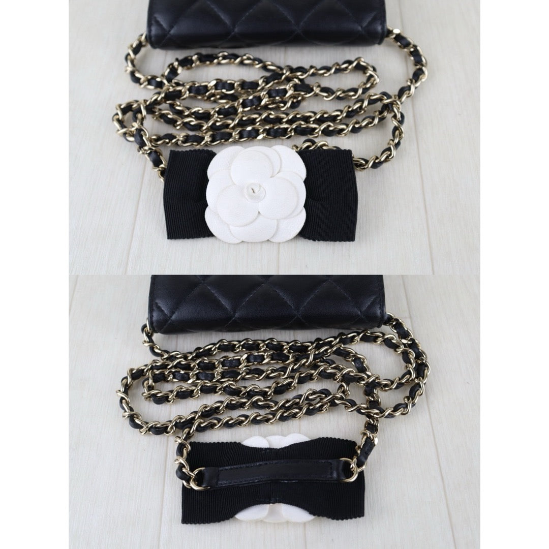 Include Entrupy Certificate of Authenticity｜Very Good ( Rank A)｜ CHANEL Coco Mark Lambskin Matrasse Bow Chain Mini WOC Black Made In 2021-2022Year｜S26052509