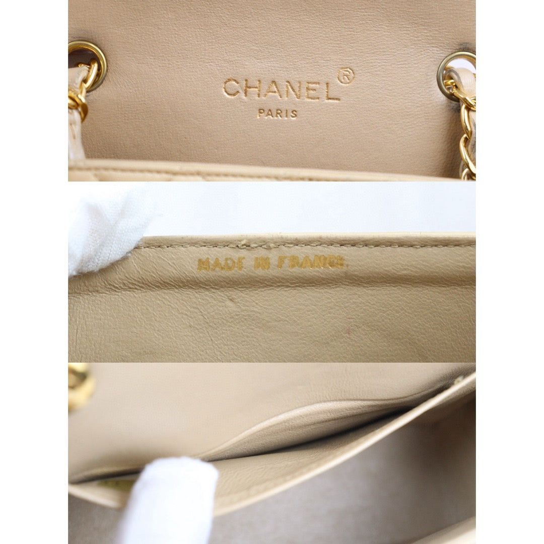 Good ( Rank AB)｜ CHANEL Lanbskin Square 17 Beige Shoulder Bag Made In 1989～1991Year ｜P24073001