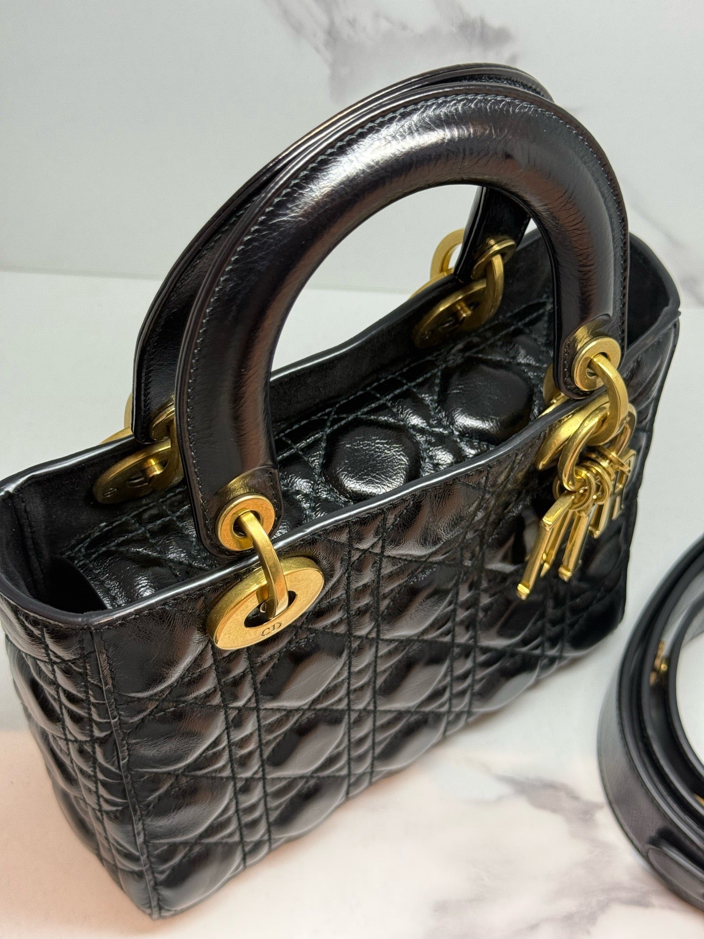 Dior Small Lady Dior Cafe Skin 2WAY Shoulder Bag Handbag Black