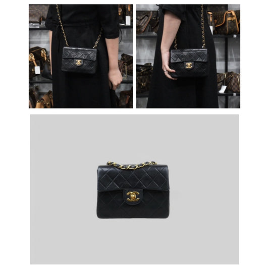 Good ( Rank AB)| CHANEL Lanbskin Square 17 Pearl Shoulder Bag Black Made In 1991~1994 Year |25013118