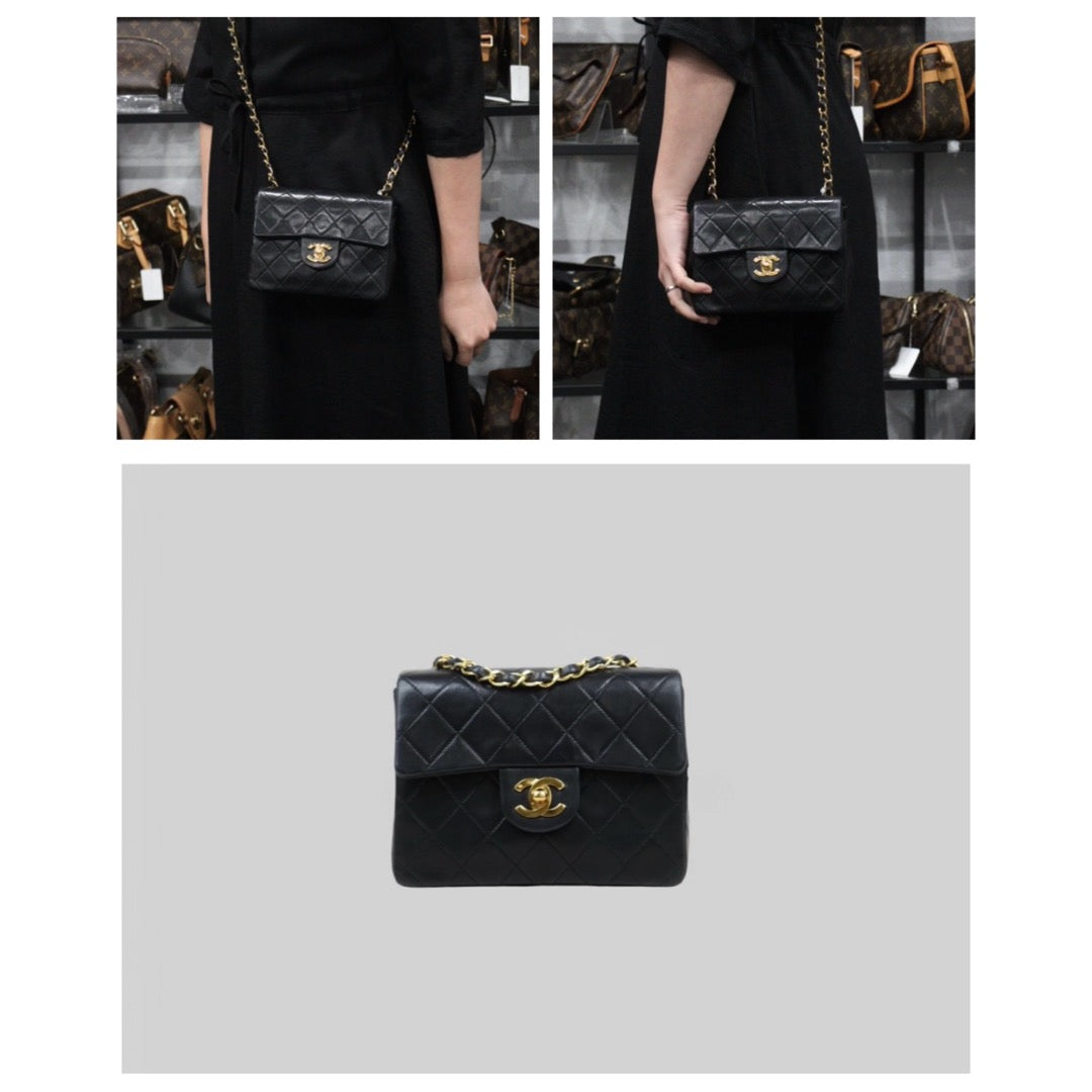 Good ( Rank AB)｜ CHANEL Lanbskin Square 17 Pearl  Shoulder Bag Black Made In 1991～1994 Year ｜25013118