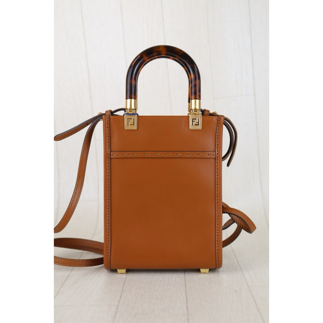 Include Entrupy Certificate of Authenticity｜Very Good ( Rank A)｜ FENDI Calfskin Leather Sunshine Mini  Tote Bag Shoulder Bag Brown｜S26030821