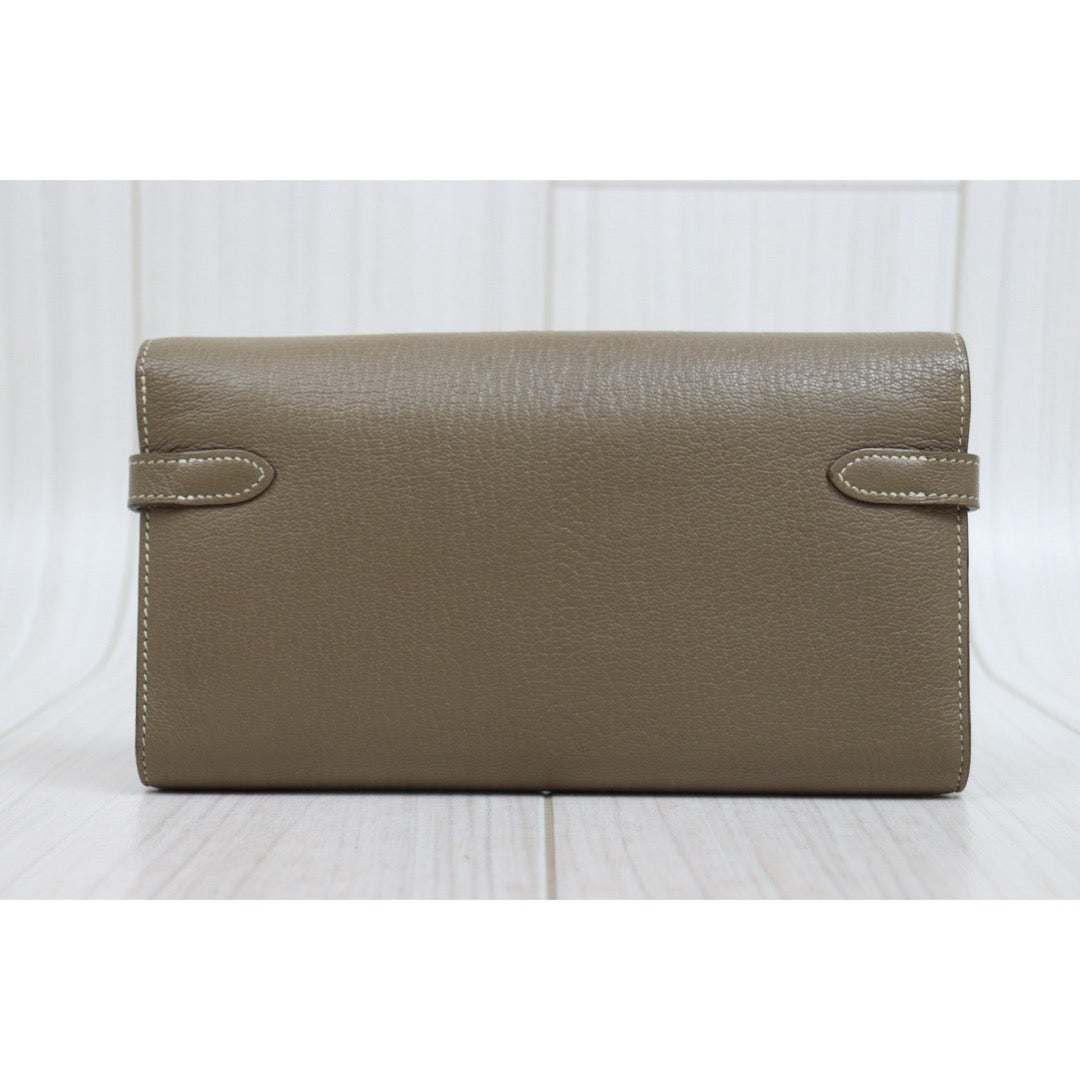 Include Entrupy Certificate of Authenticity｜Good ( Rank AB)｜ HERMES Goatskin Kelly Long Wallet Etoupe □Q Stamp Made In 2013Year｜W26020602