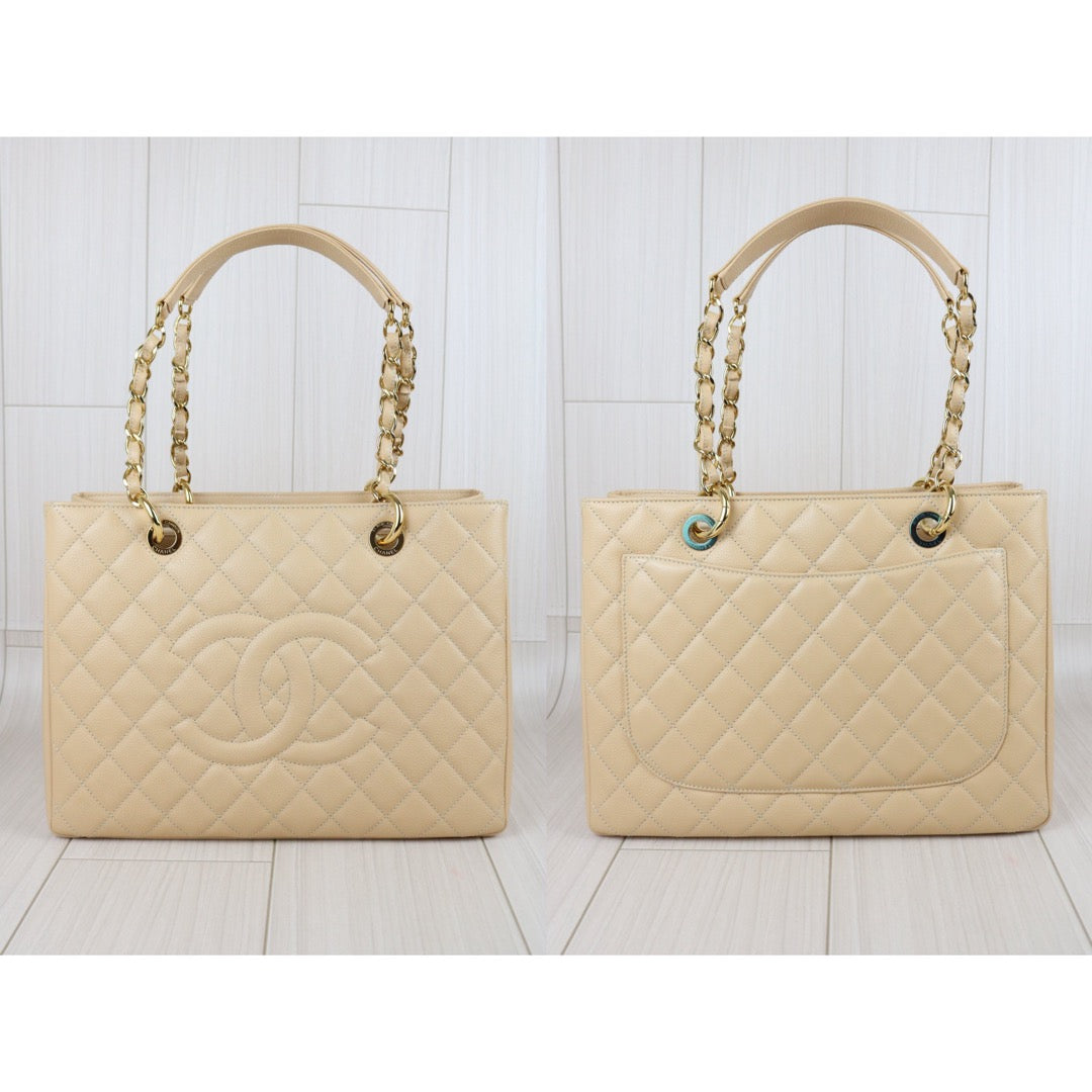 Include Entrupy Certificate of Authenticity｜Excellent( Rank SA) ｜ CHANEL Caviar Skin Matelasse Chain GST Tote Bag  Beige  Made In 2014Year｜X26100711