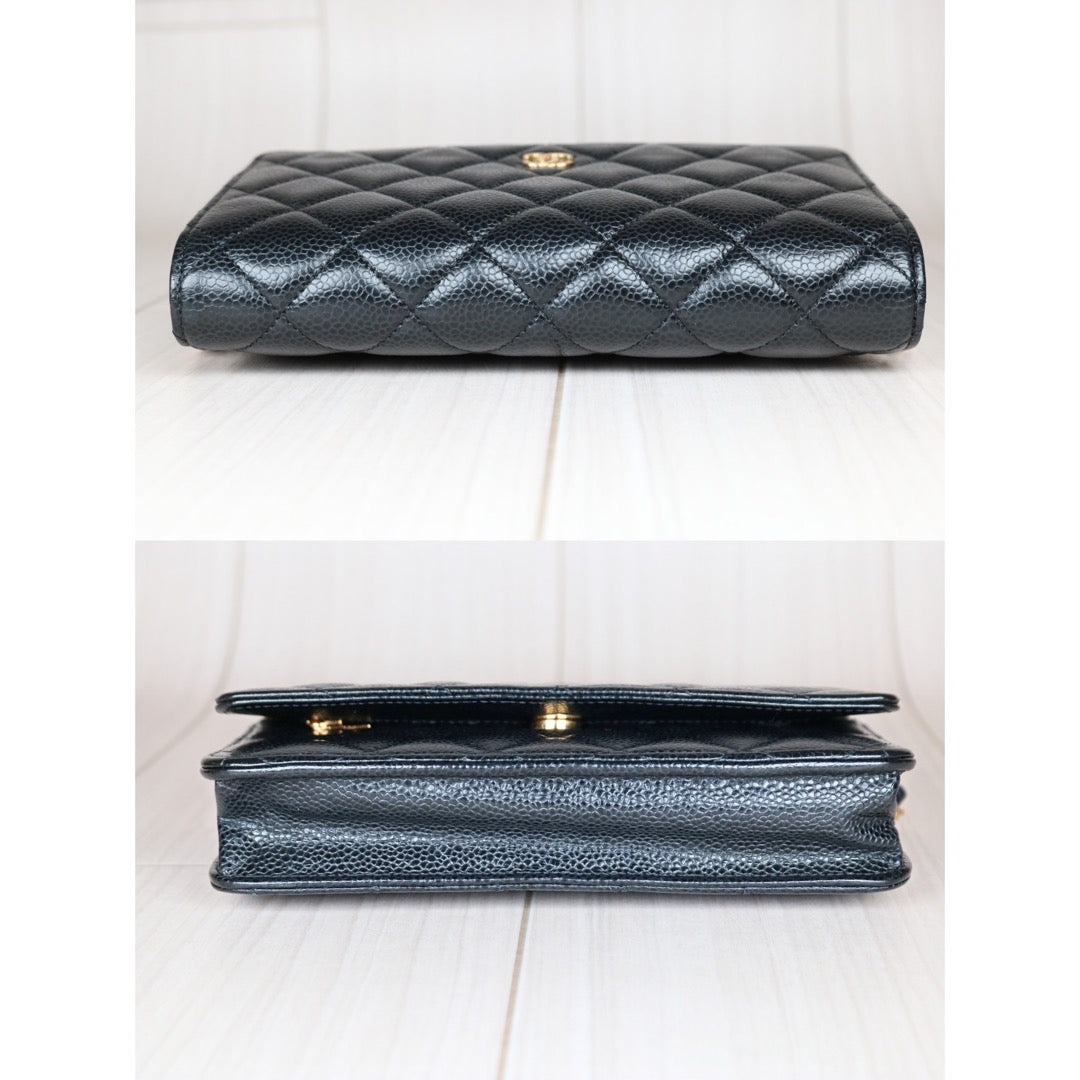 Very Good ( Rank A)｜ CHANEL Matelasse Caviar Skin Chain Wallet Black Gold Hardware Made in 2021-2022 Year ｜W24053101