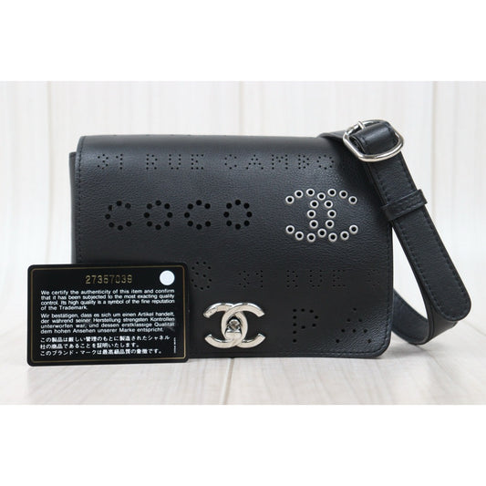 Very Good ( Rank A)｜ CHANEL Calf Leather Matrasse Chain Limited Edition Eyelets Shoulder Bag Waist Bag Black Made In 2019Year｜Y25072805