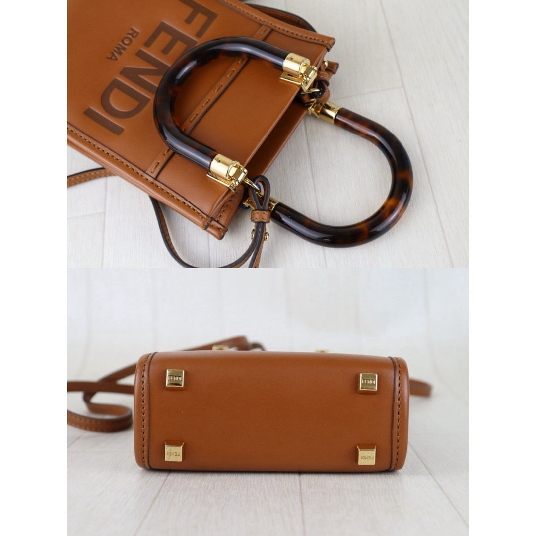 Include Entrupy Certificate of Authenticity｜Very Good ( Rank A)｜ FENDI Calfskin Leather Sunshine Mini  Tote Bag Shoulder Bag Brown｜S26030821