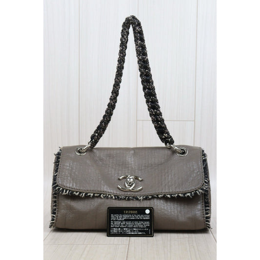 Good ( Rank AB)｜ CHANEL Calf Leather Woolen Matrasse Chain Shoulder Bag Etoupe Gray Made In 2009- 2010Year｜Y25110410