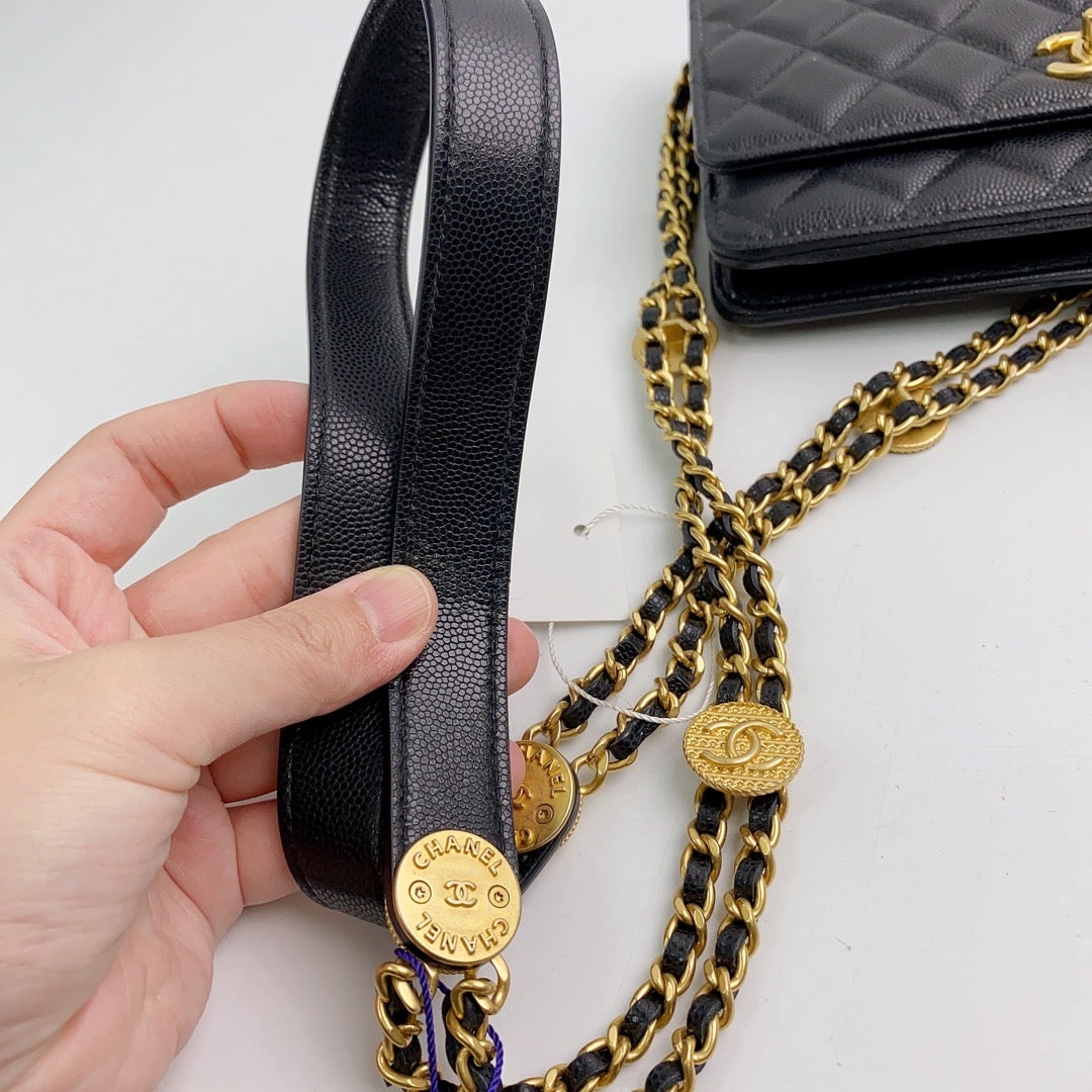 Rank A｜ CHANEL Matelasse Caviar Skin COCO Mark Coins Chain Wallet Black Gold Hardware ｜2302239