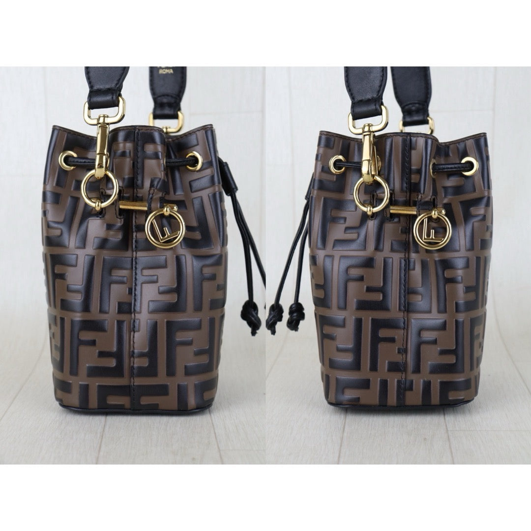 Include Entrupy Certificate of Authenticity｜Very Good ( Rank A)｜ FENDI Zucca Calf Leather Mini Mon Tresor Bucket bag Shoulder Bag Brown ｜S26081803