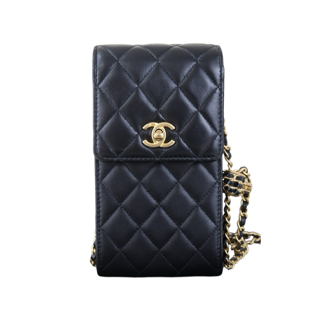Include Entrupy Certificate of Authenticity｜Very Good（Rank A）｜CHANEL Lamb Skin  Flap Phone Holder Chain Shoulder Bag Black Made In 2022-2023 Year ｜Z26101202