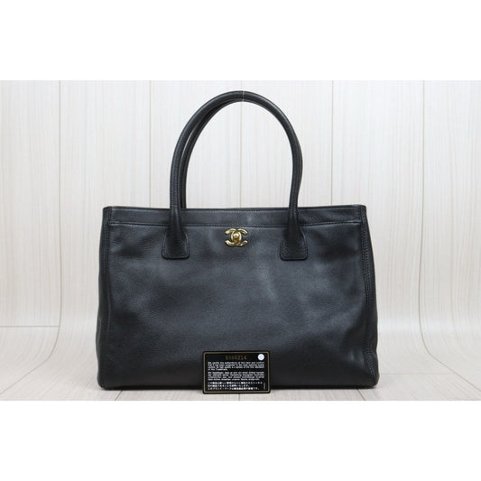 Good ( Rank AB) |CHANEL Calf Leather Cerf Tote Shoulder Bag Black Made in 2004-2005Year|25112502
