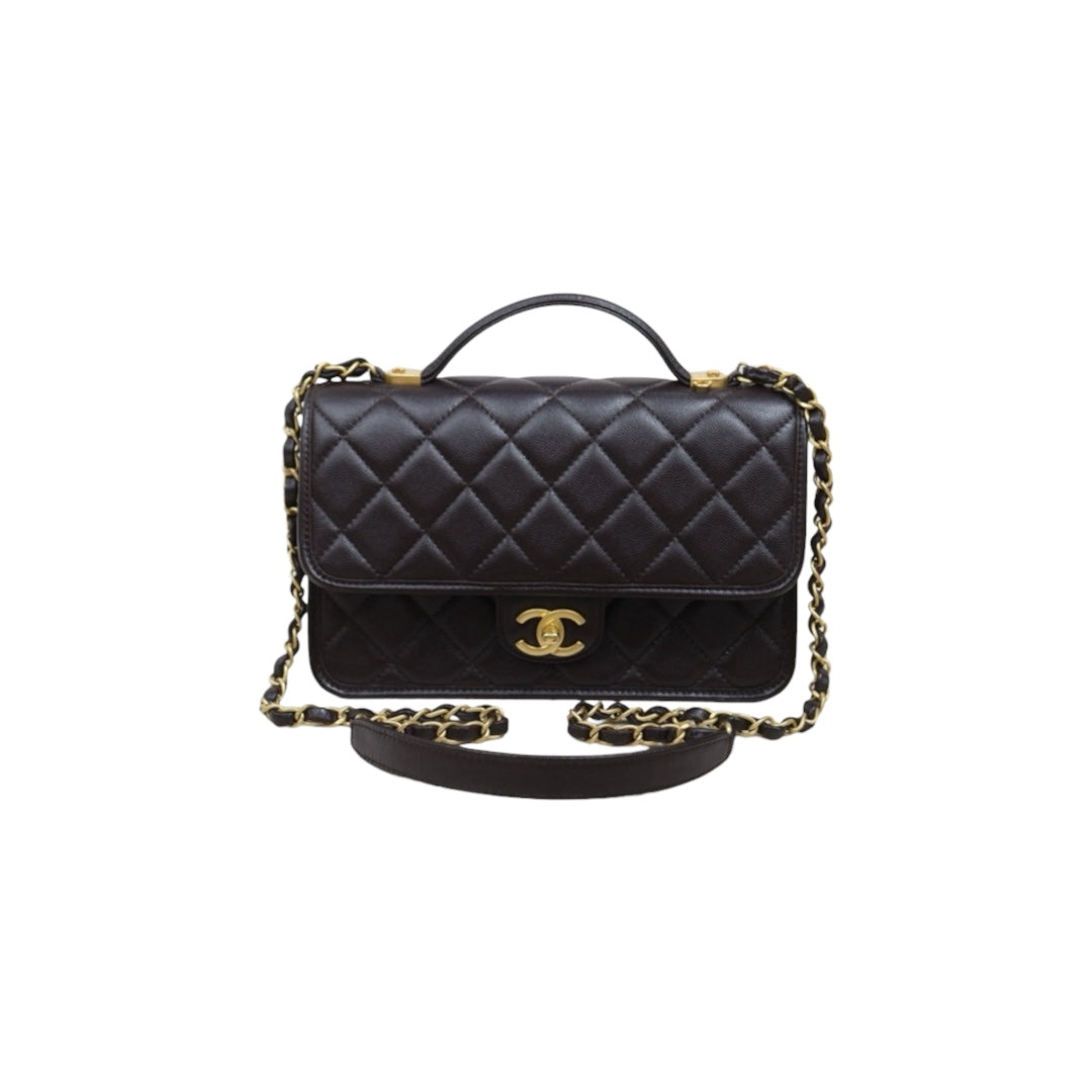 Very Good ( Rank A)｜ CHANEL Matrasse  Calf Leather 22K  Flap With Top Handle Shoulder Bag Chocolate IC Chips Model ｜A26030617