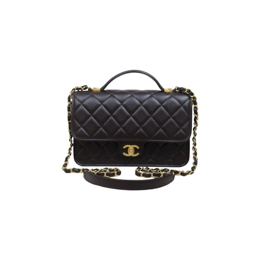 Very Good ( Rank A)｜ CHANEL Matrasse  Calf Leather 22K  Flap With Top Handle Shoulder Bag Chocolate IC Chips Model ｜A26030617