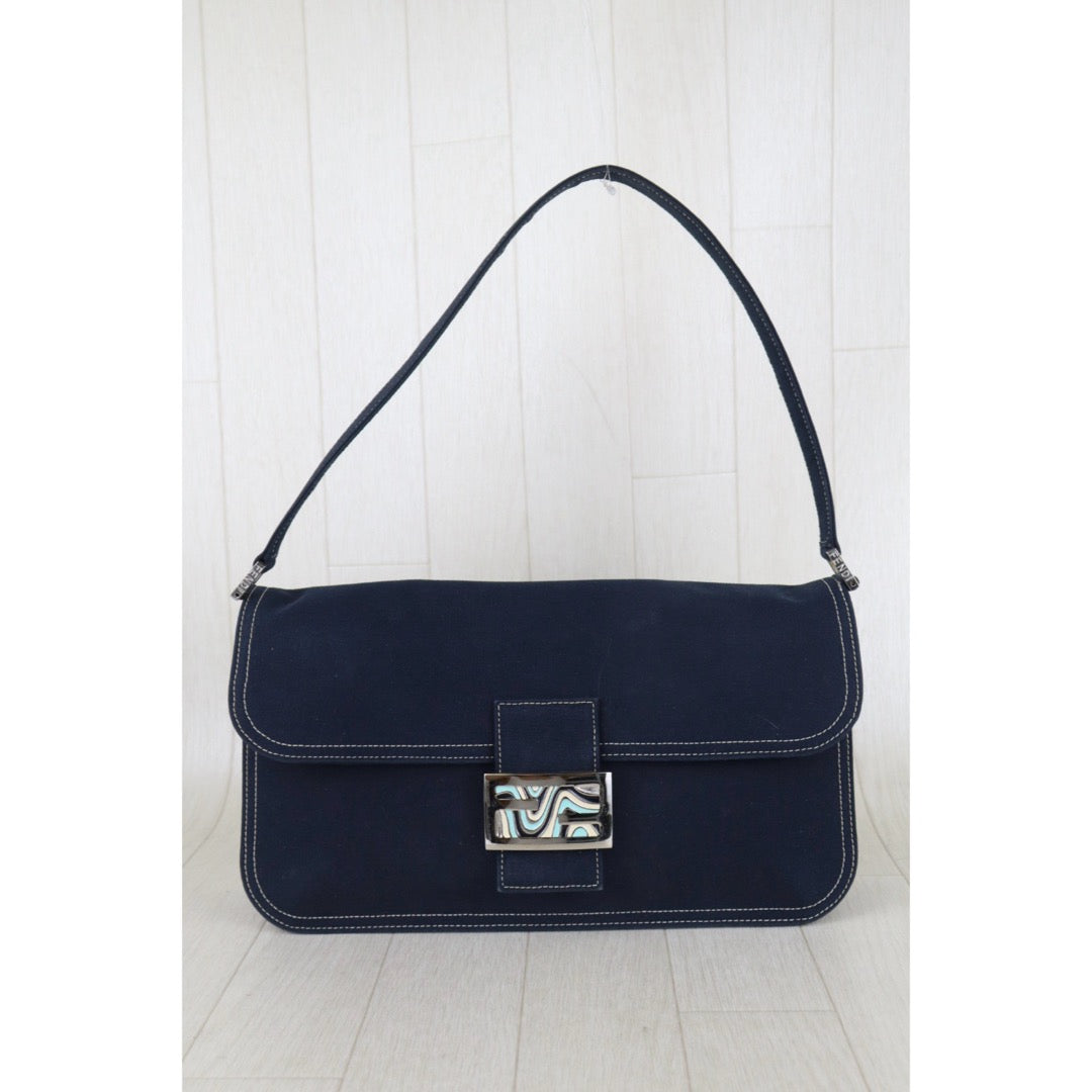 Include Entrupy Certificate of Authenticity｜Good ( Rank AB) ｜ FENDI Denim Baguette Enamel Clasp Shoulder Bag Blue｜S26072525