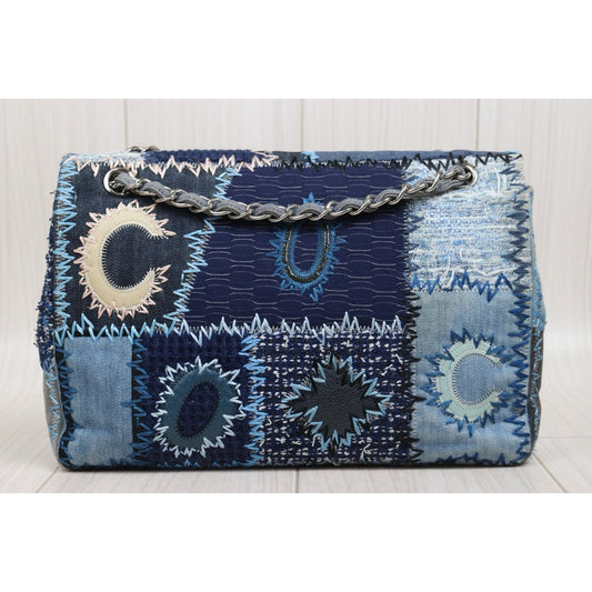 Include Entrupy Certificate of Authenticity｜Good ( Rank AB)｜ CHANEL  Colorblock Patch Denim Single Flap Jumbo 30 Shoulder Bag Blue Made in 2014-2015Year｜S26020201