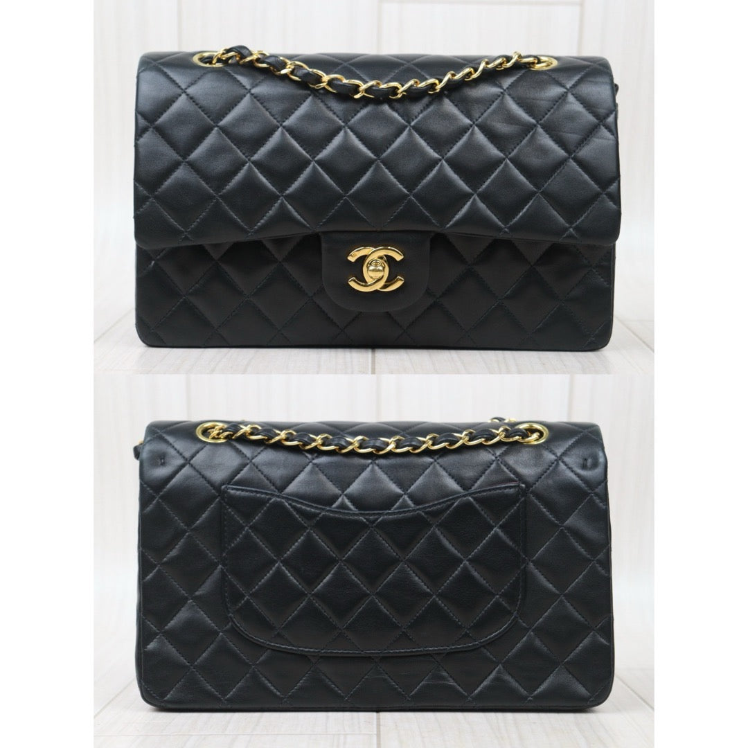 Very Good ( Rank A) ｜ CHANEL  Lamb Skin Black Double Flap 25 Medium Shoulder Bag Made in 1997-1999 Year ｜P24092412