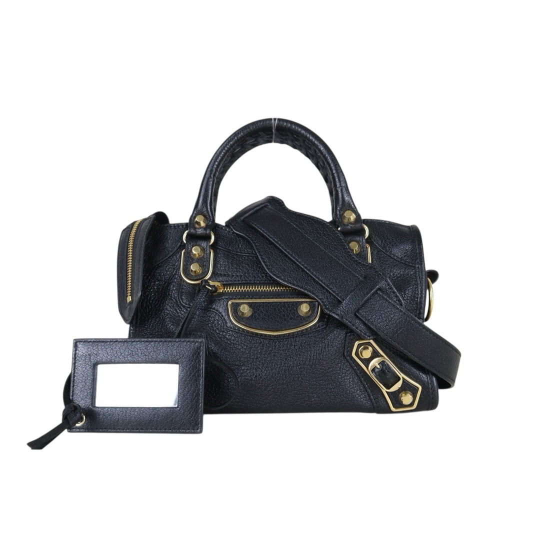 Include Entrupy Certificate of Authenticity｜Very Good ( Rank A)｜Balenciaga Chevre Leather Gaint Classic Metallic Edge City Mini Black HandBag Shoulder Bag ｜Z26091514