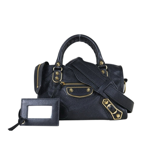 Include Entrupy Certificate of Authenticity｜Very Good ( Rank A)｜Balenciaga Chevre Leather Gaint Classic Metallic Edge City Mini Black HandBag Shoulder Bag ｜Z26091514