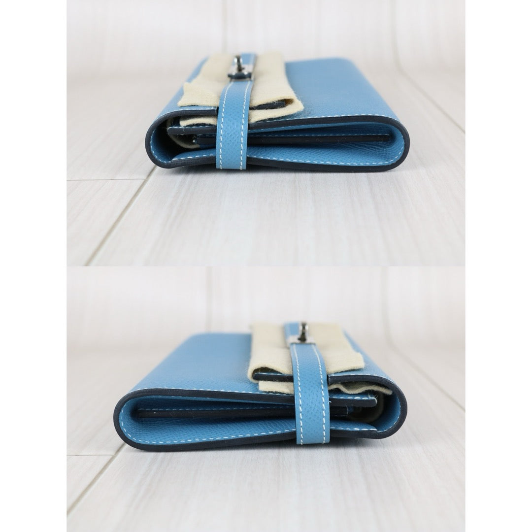 Excellent（Rank SA)｜ HERMES Epson Skin Kelly Wallet Blue Jean □Q Stamp Made In 2013Year｜X25082405