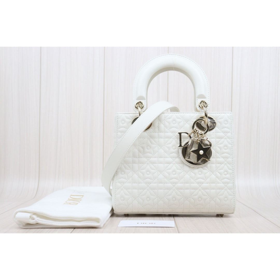 Excellent（Rank SA）｜  Dior Lady Dior Lamb Skin 2WAY  Handbag Shoulder Bag White  ｜H25063018