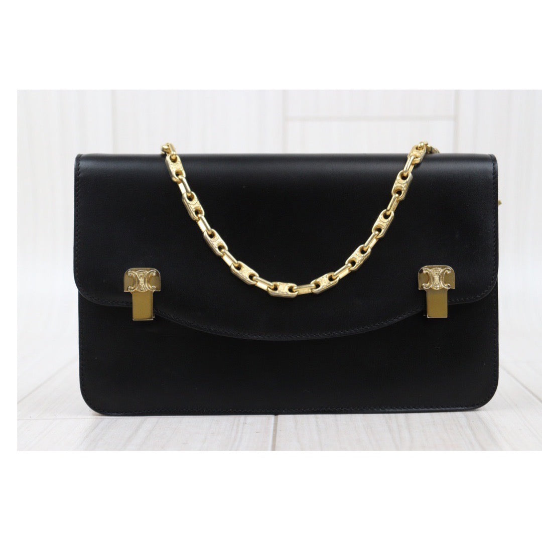 Rank AB｜ CELINE Vintage Box Calf Leather Shoulder Bag Black｜24032623