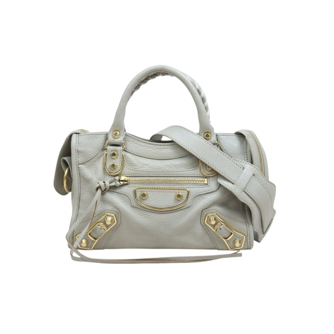 Include Entrupy Certificate of Authenticity｜Good ( Rank AB)｜Balenciaga Goatskin Edge Gaint Classic Mini City Handbag Shoulder Bag Light Gray｜S26060103