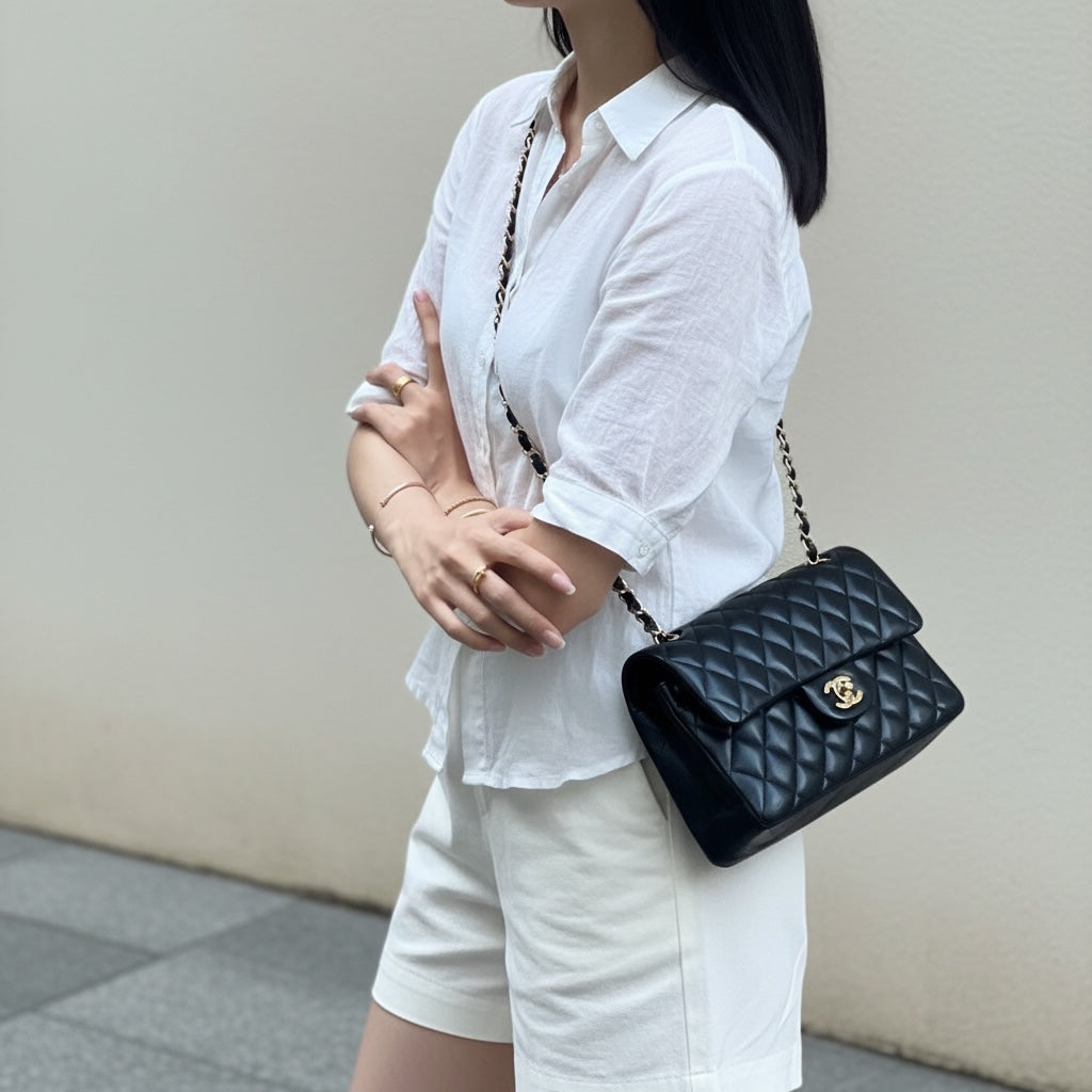 Include Entrupy Certificate of Authenticity｜Good ( Rank AB)｜ CHANEL Lamb Skin Matrasse Chain Double Flap 23 Shoulder Bag Black Made in 2019 Year｜S26042902