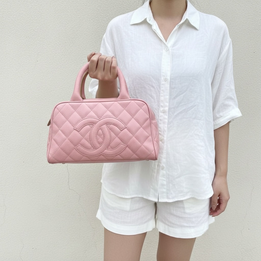 Include Entrupy Certificate of Authenticity｜Very Good ( Rank A)｜ CHANEL Caviar Skin  Calf Leather Bowling Hand Bag Pink Made In 2004～2005Year｜26052106