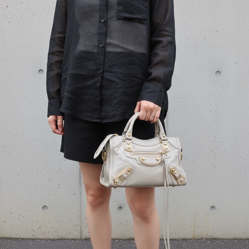 Include Entrupy Certificate of Authenticity｜Good ( Rank AB)｜Balenciaga Goatskin Edge Gaint Classic Mini City Handbag Shoulder Bag Light Gray｜S26060103
