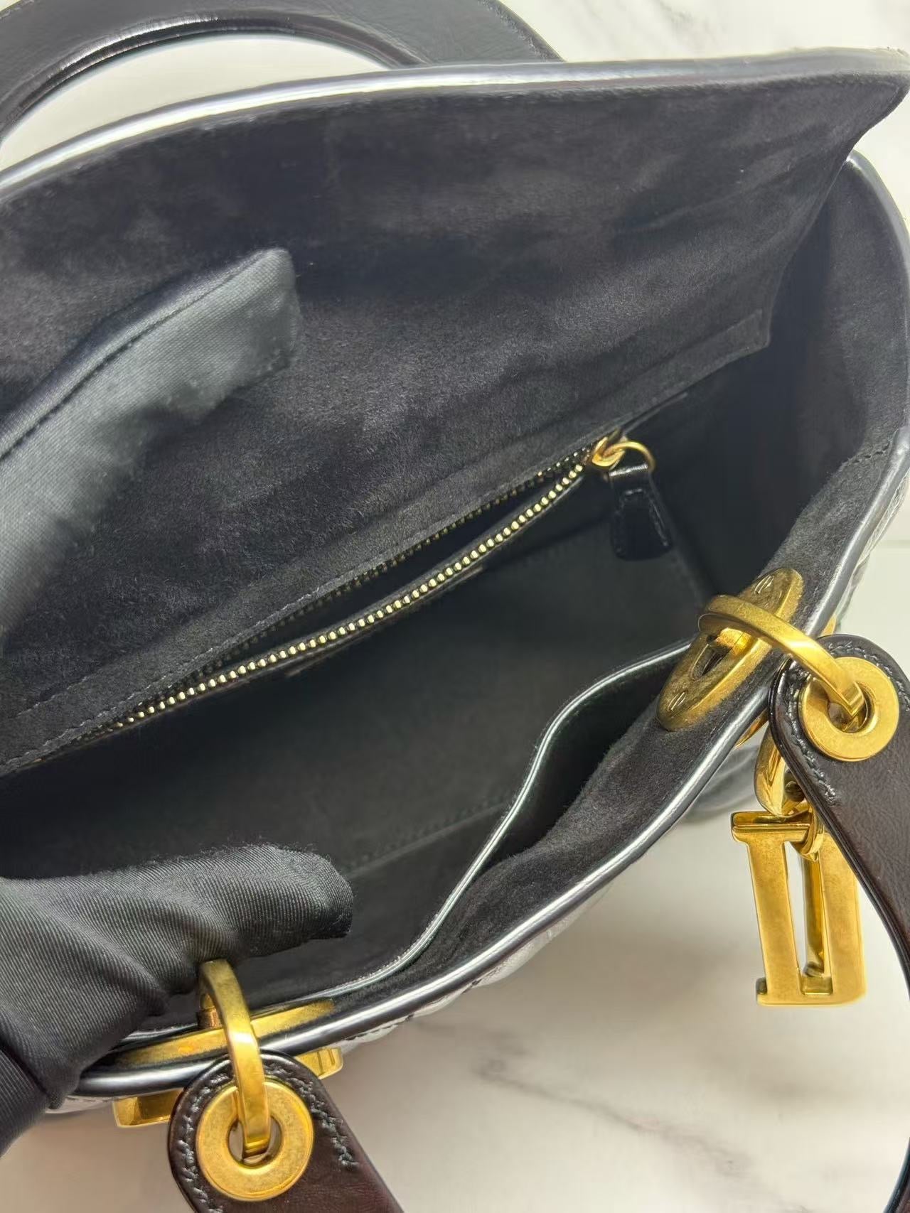 Dior Small Lady Dior Cafe Skin 2WAY Shoulder Bag Handbag Black