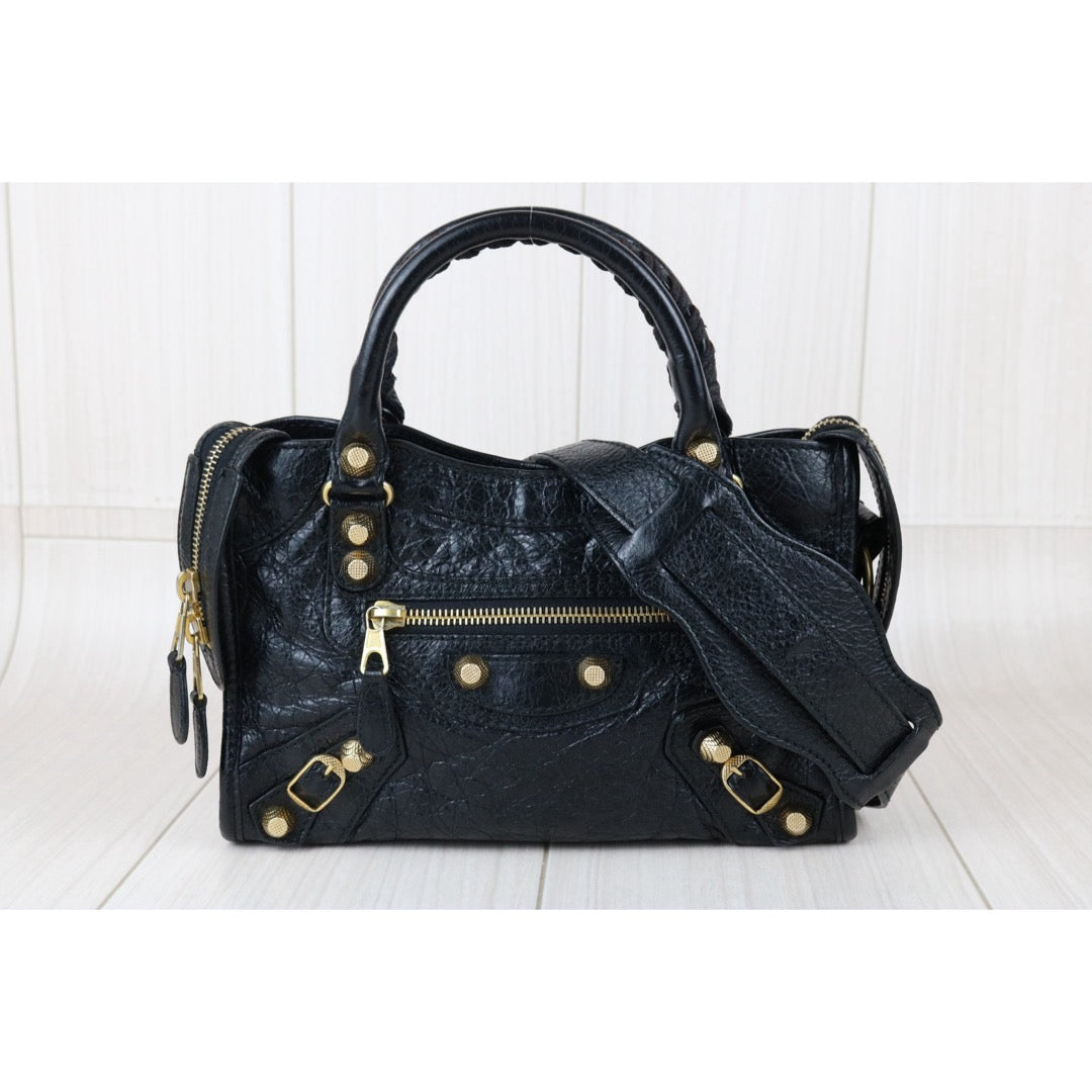Include Entrupy Certificate of Authenticity｜Good ( Rank AB)｜Balenciaga Oiled Leather Gaint Classic Mini City Handbag Shoulder Bag Black｜S26052502