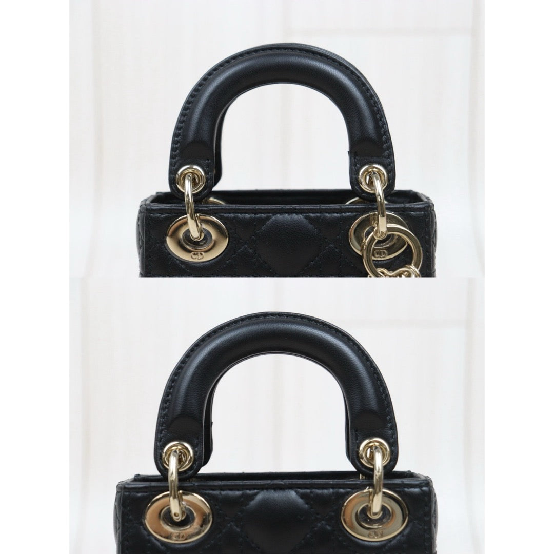 Very Good ( Rank A) ｜  Dior Mini Lady Dior Lamb Skin 2WAY Shoulder Bag Handbag Black  ｜S25110431