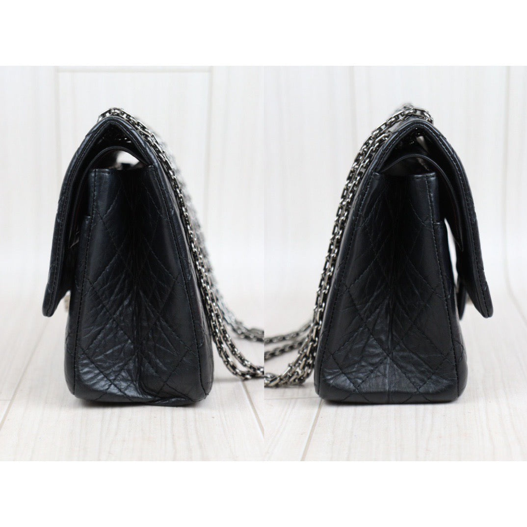 Rank A ｜CHANEL 2.55 Matlasse Aged Calfskin Double Flap Chain Shoulder Bag Black｜23120511