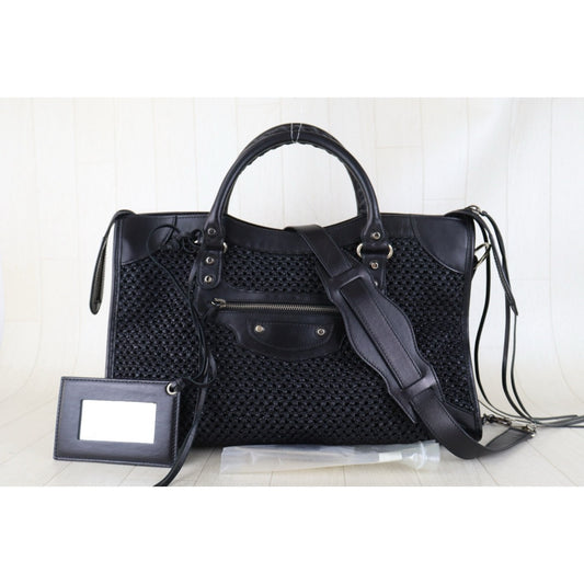 Include Entrupy Certificate of Authenticity｜Very Good ( Rank A)｜Balenciaga Classic City Straw GM Black Motorcycle HandBag Shoulder Bag ｜Z26091902